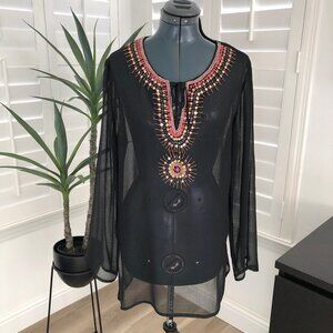 Black Sheer Swimsuit Coverup with Sequins and Bead Embellishments